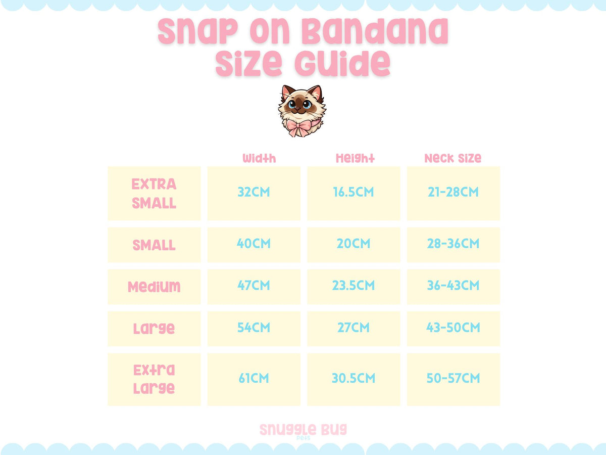 Snap on bandana size guide with a cat illustration on a white background