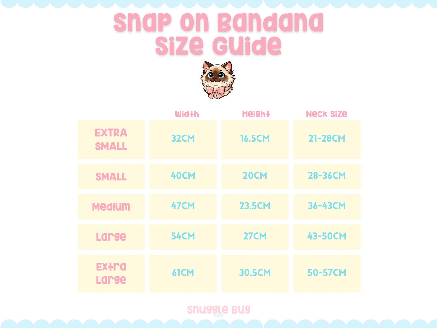 Snap on bandana size guide with a cat illustration on a white background