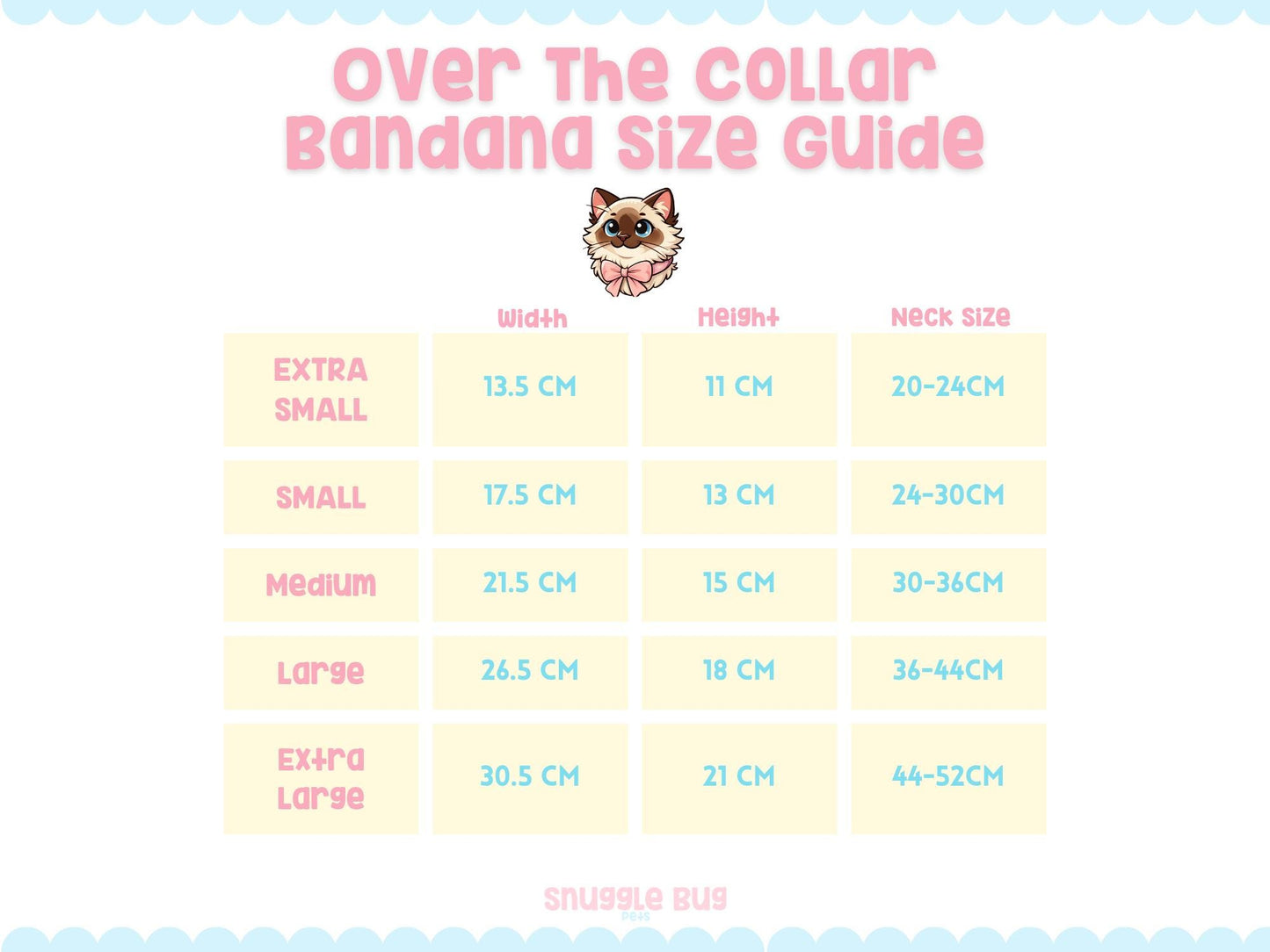 Bandana size guide with measurements for width, height, and neck size on a white background.