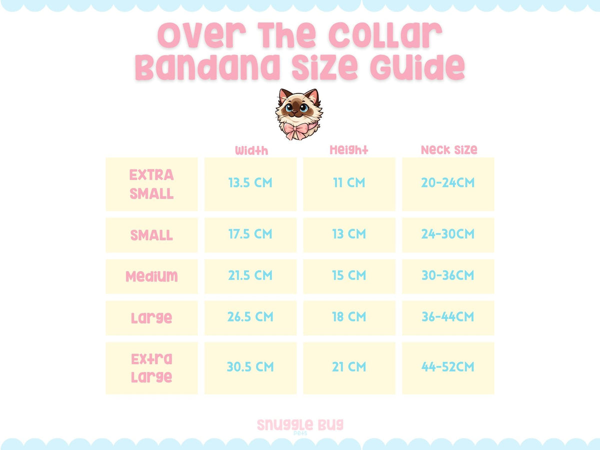 Bandana size guide with measurements for width, height, and neck size on a white background.