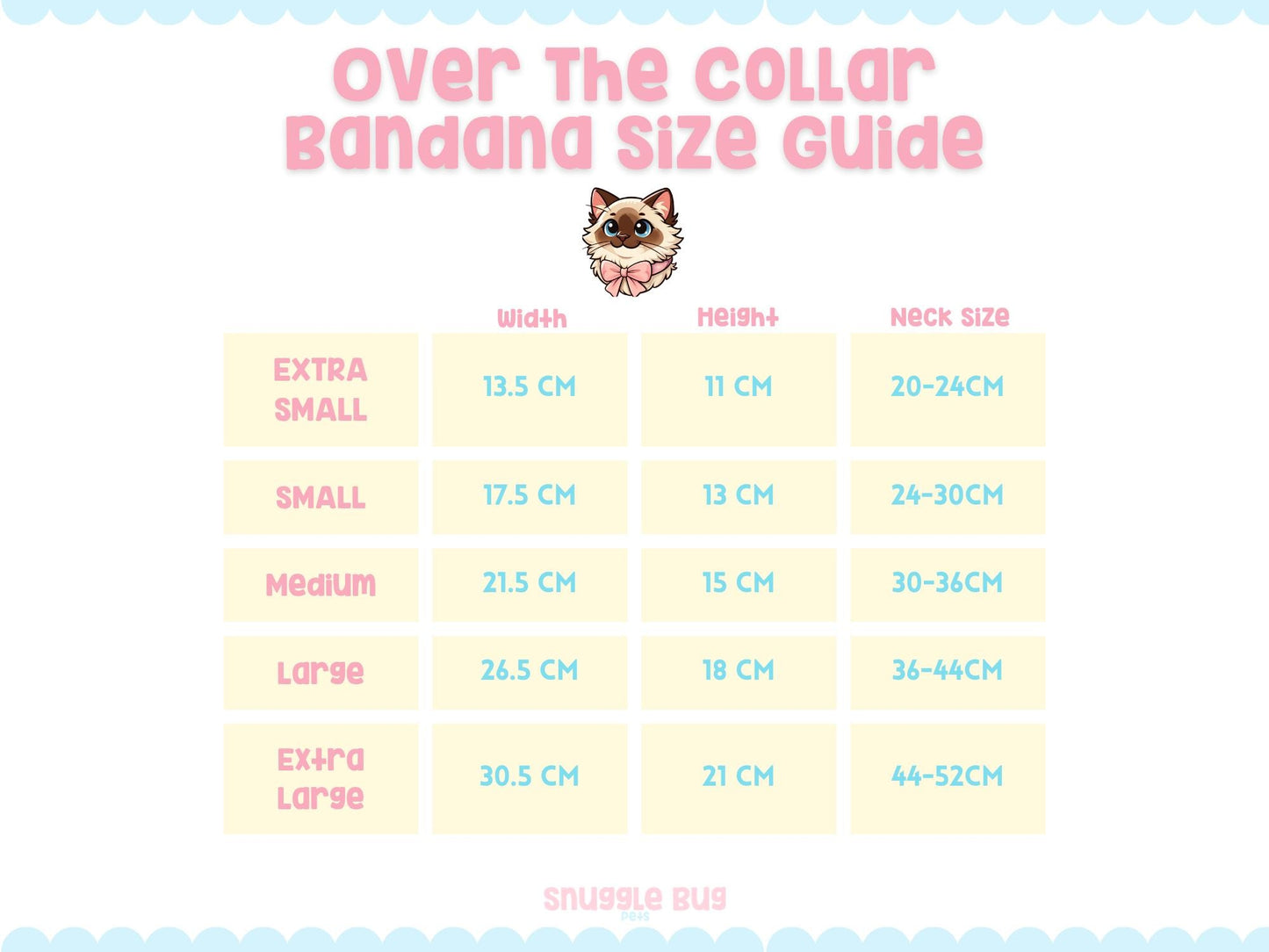 Bandana size guide with measurements for width, height, and neck size on a white background.
