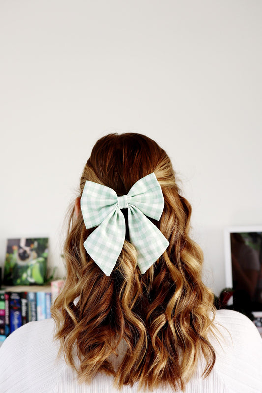 Sage Green Gingham Hair Bow
