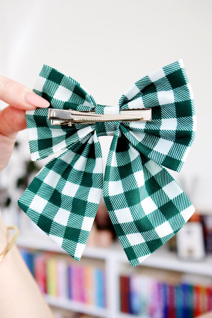 Green Gingham Hair Bow