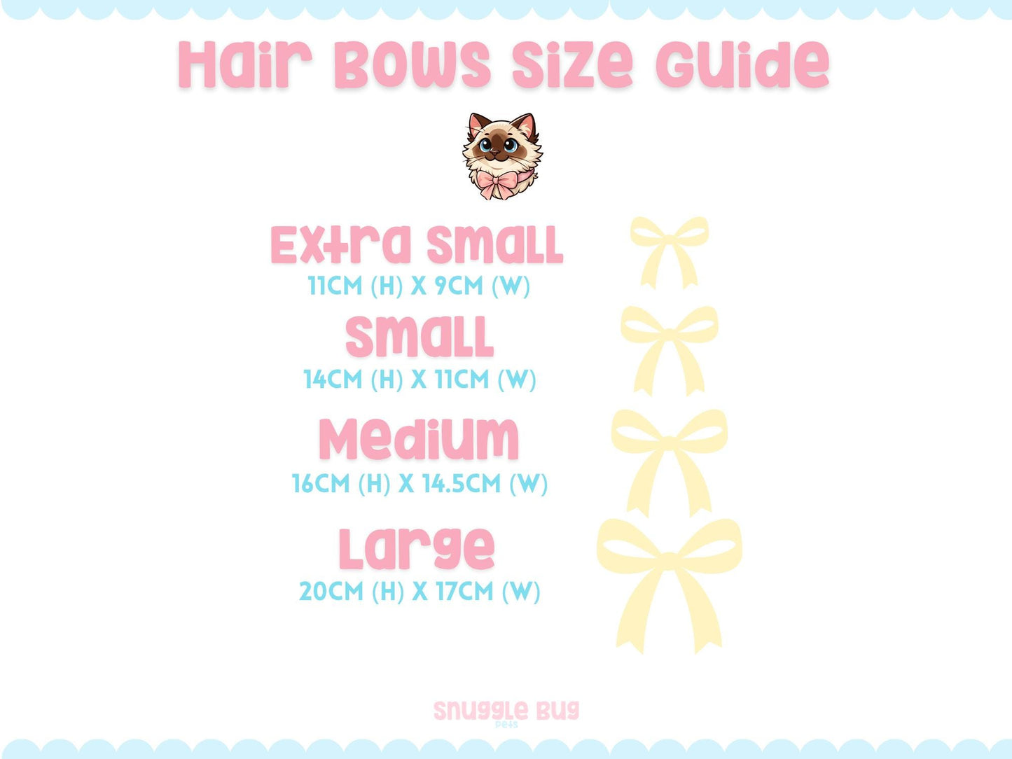 Hair bows size guide with illustrations and measurements on a light blue background