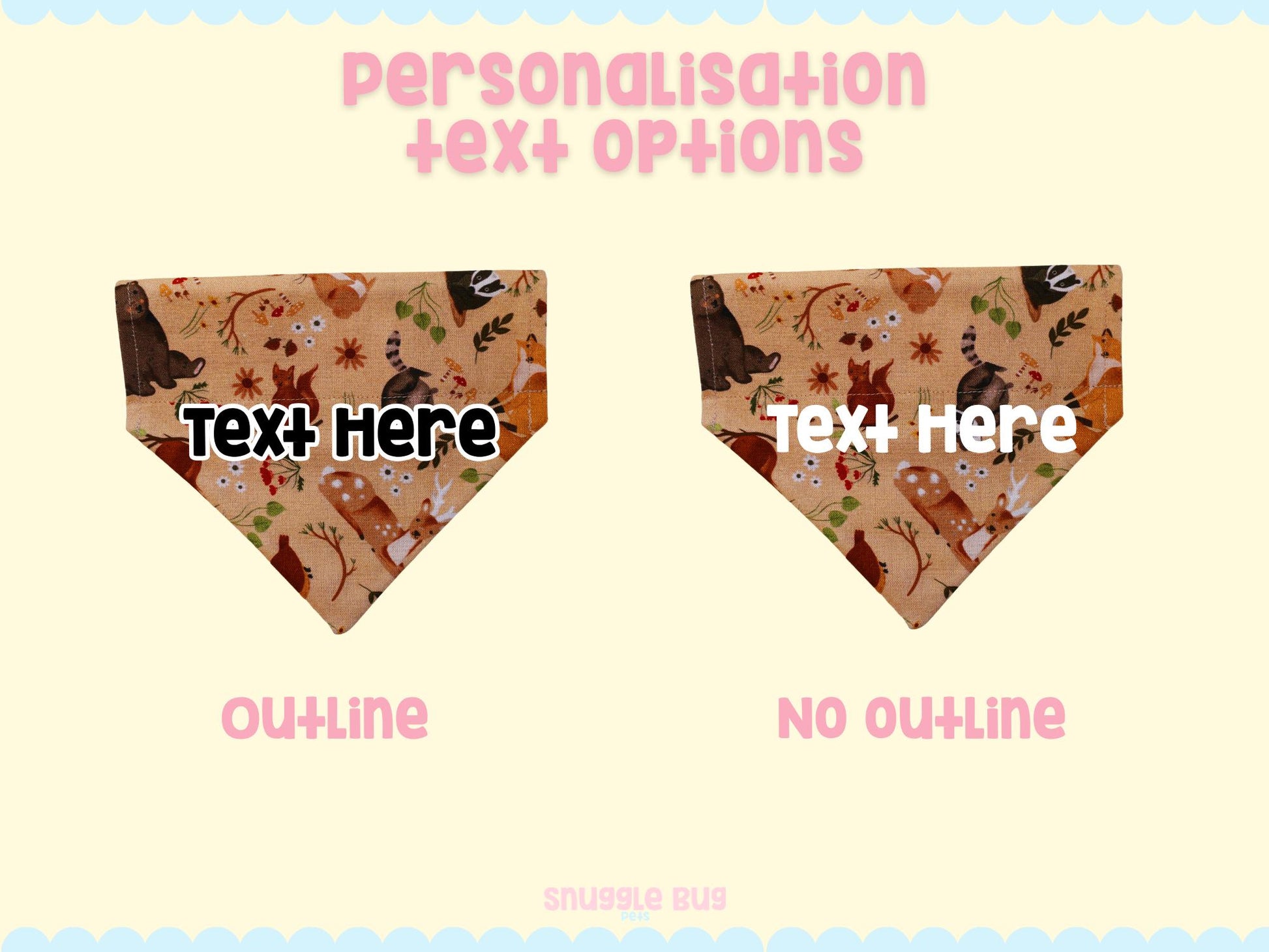 Two dog bandanas with text customization options on a beige background