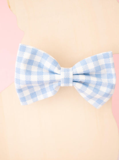 Blue and white checkered bow tie on a beige background