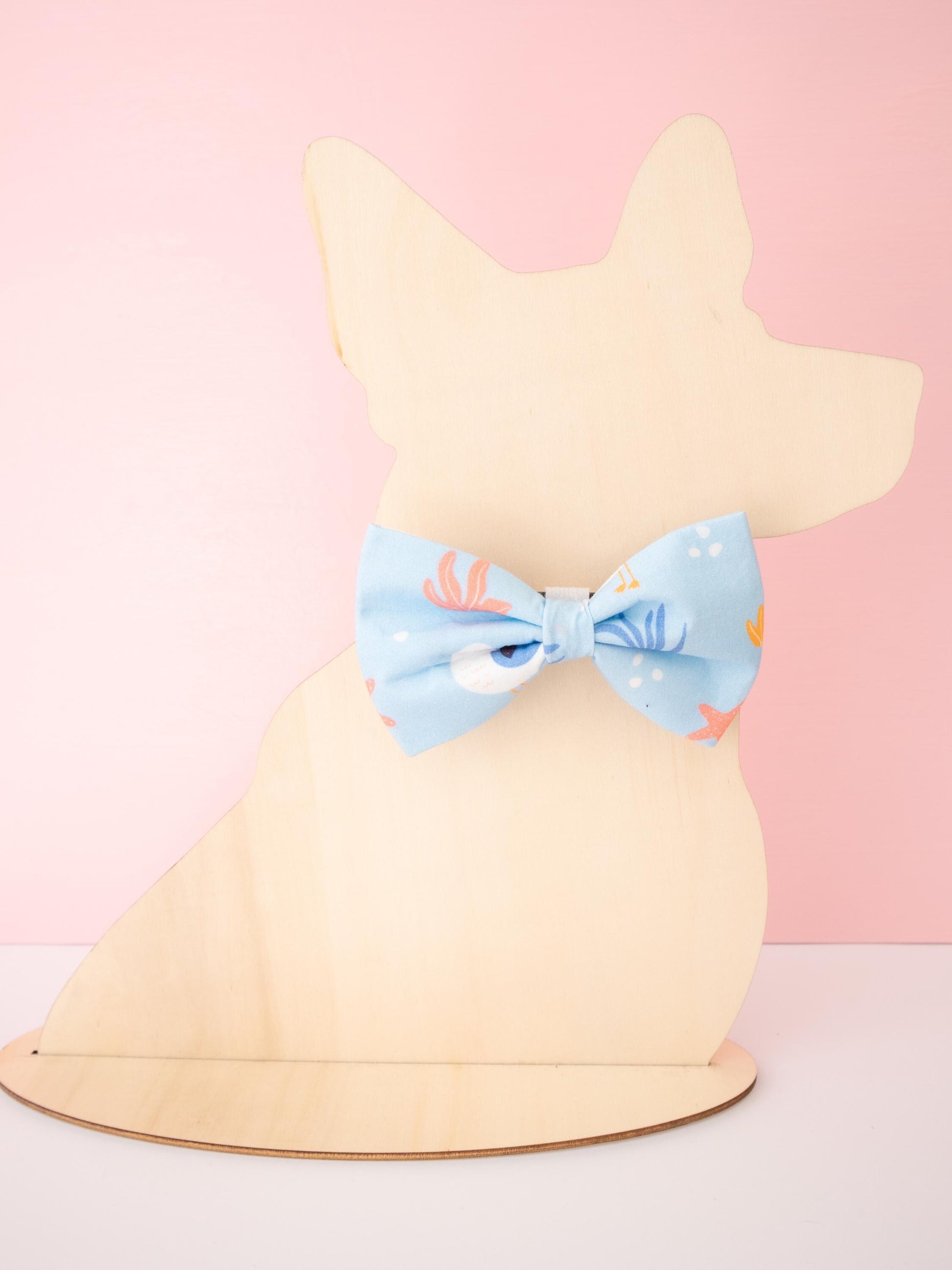 Dog Model with a blue bow on a pink background