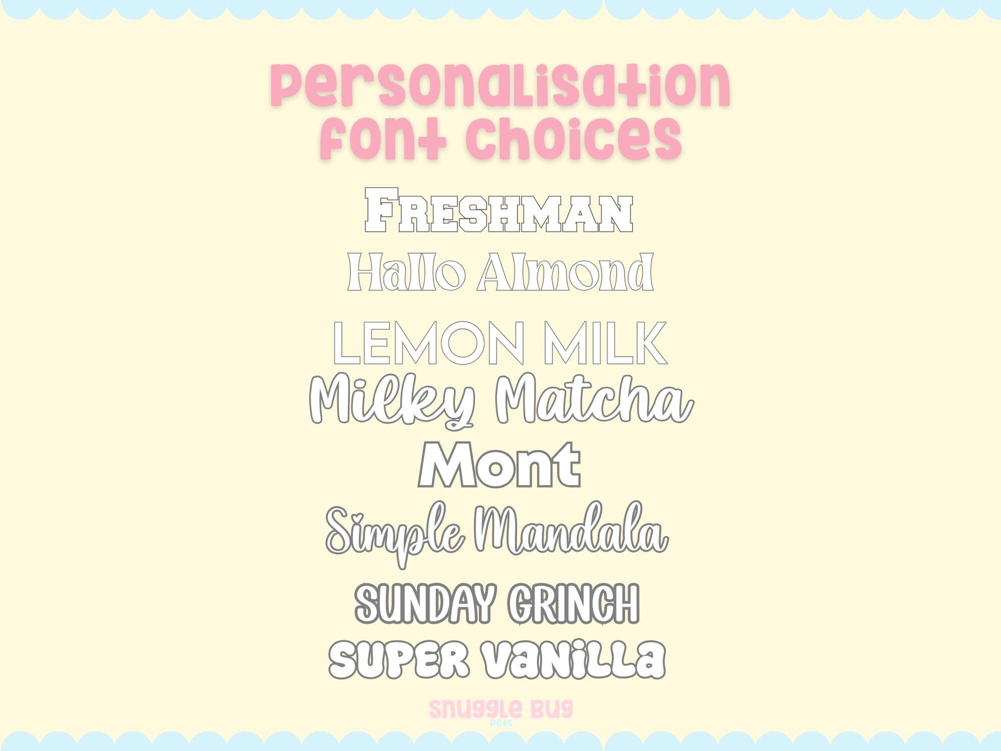 List of personalization font choices on a light yellow background with a blue border.