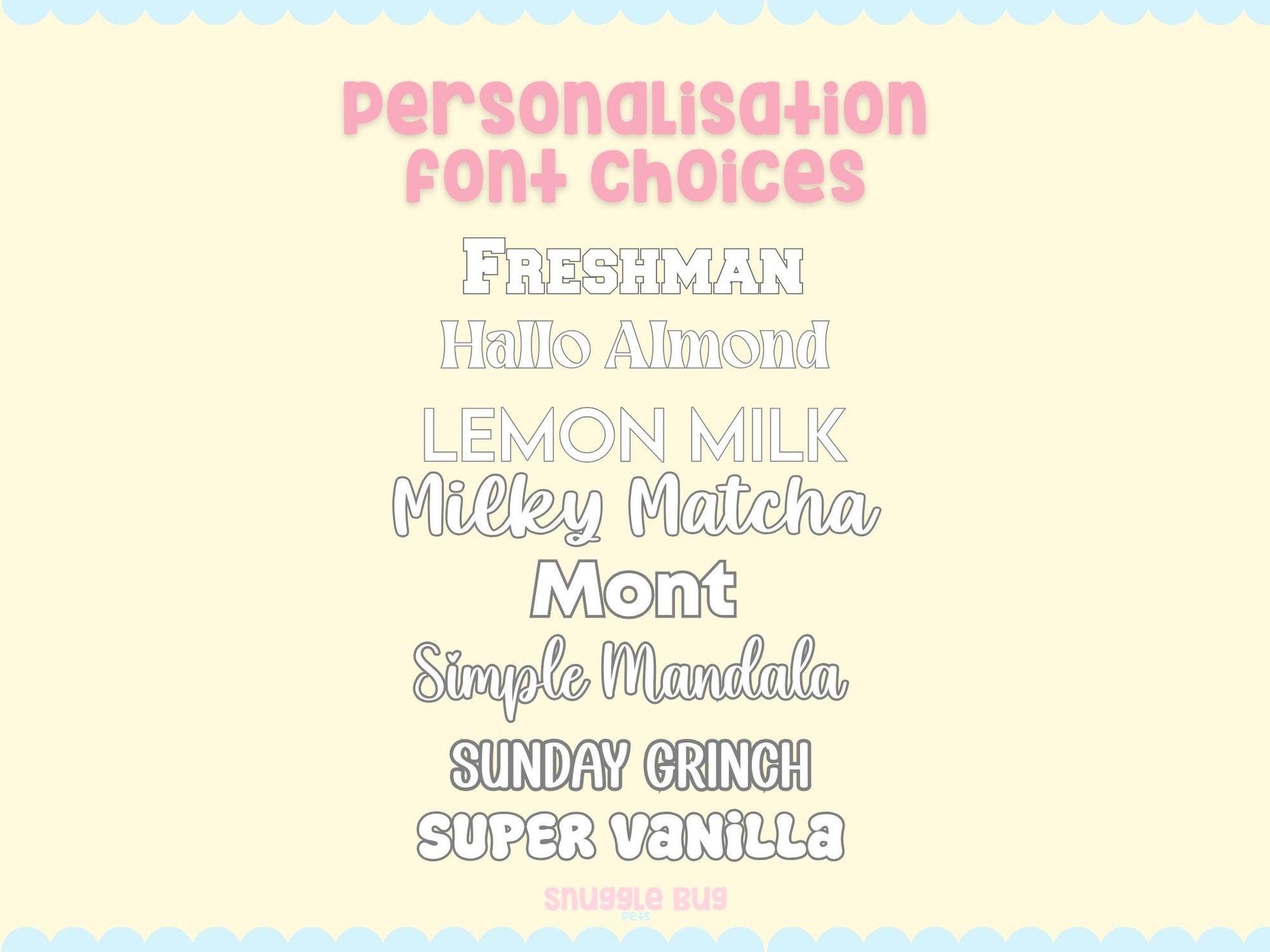 List of personalization font choices on a light yellow background with a blue border.
