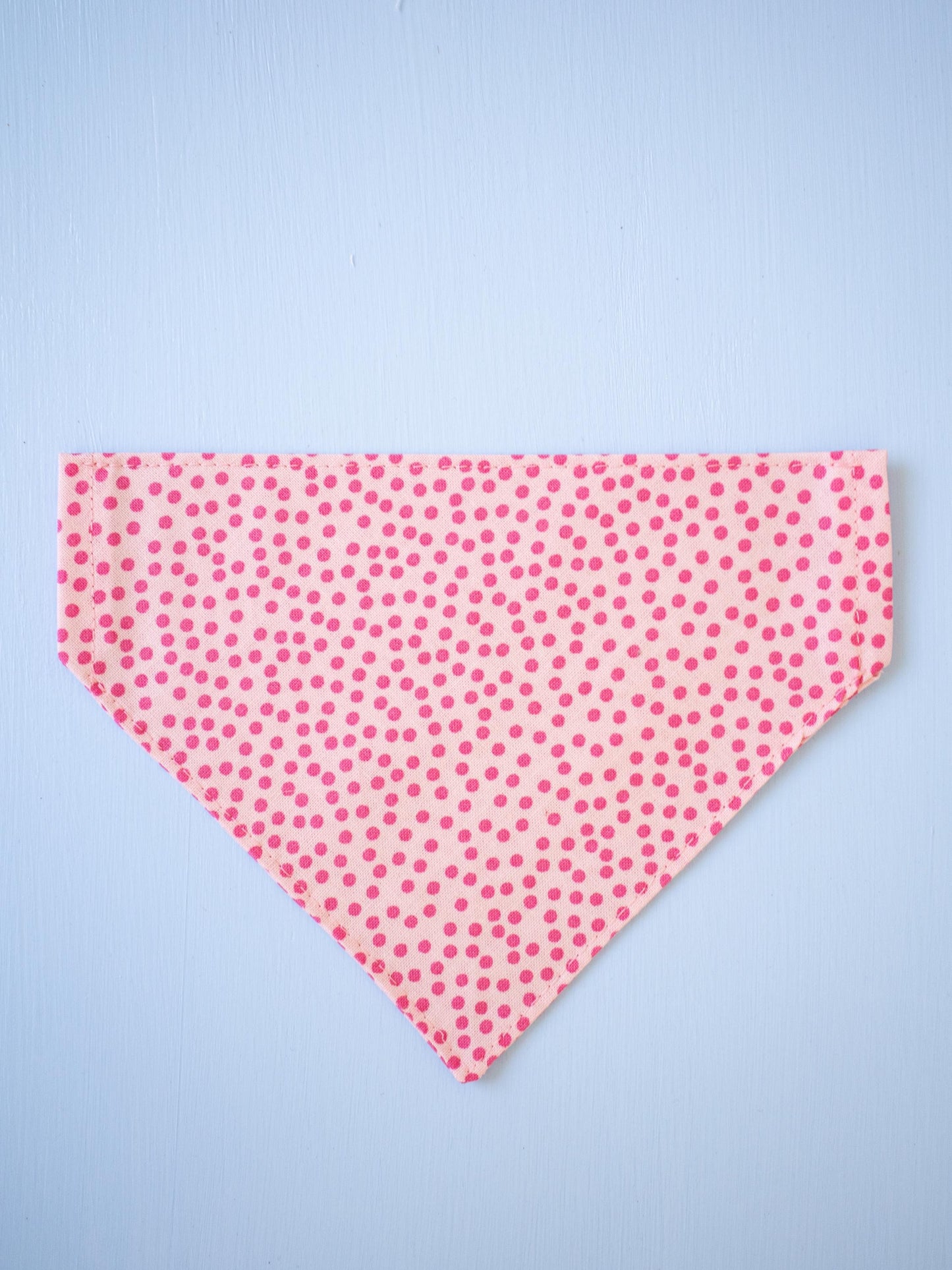 Pink polka dot bandana on a light blue background