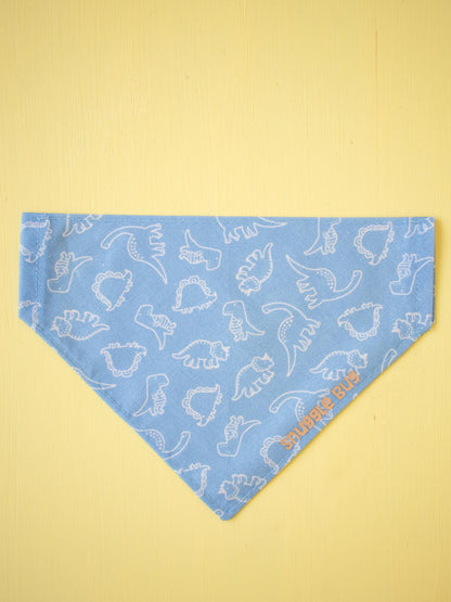 Blue bandana with white dinosaur pattern on a yellow background