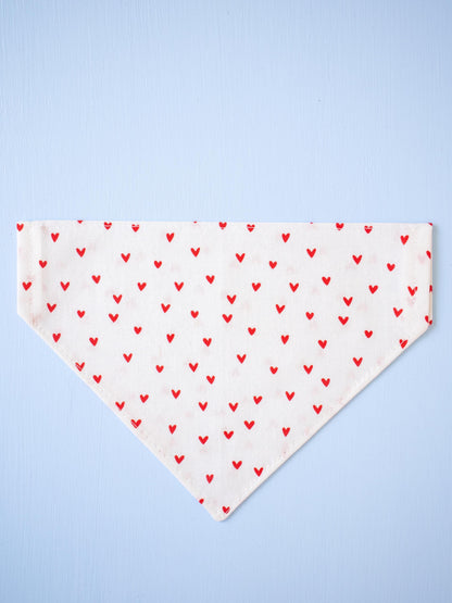 White Dog bandana with red heart pattern on a light blue background