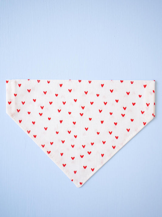White Dog bandana with red heart pattern on a light blue background