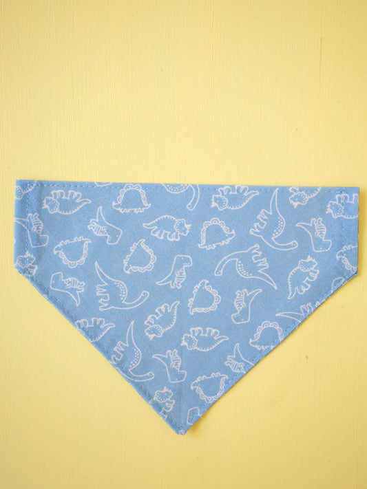 Blue bandana with white dinosaur pattern on a yellow background
