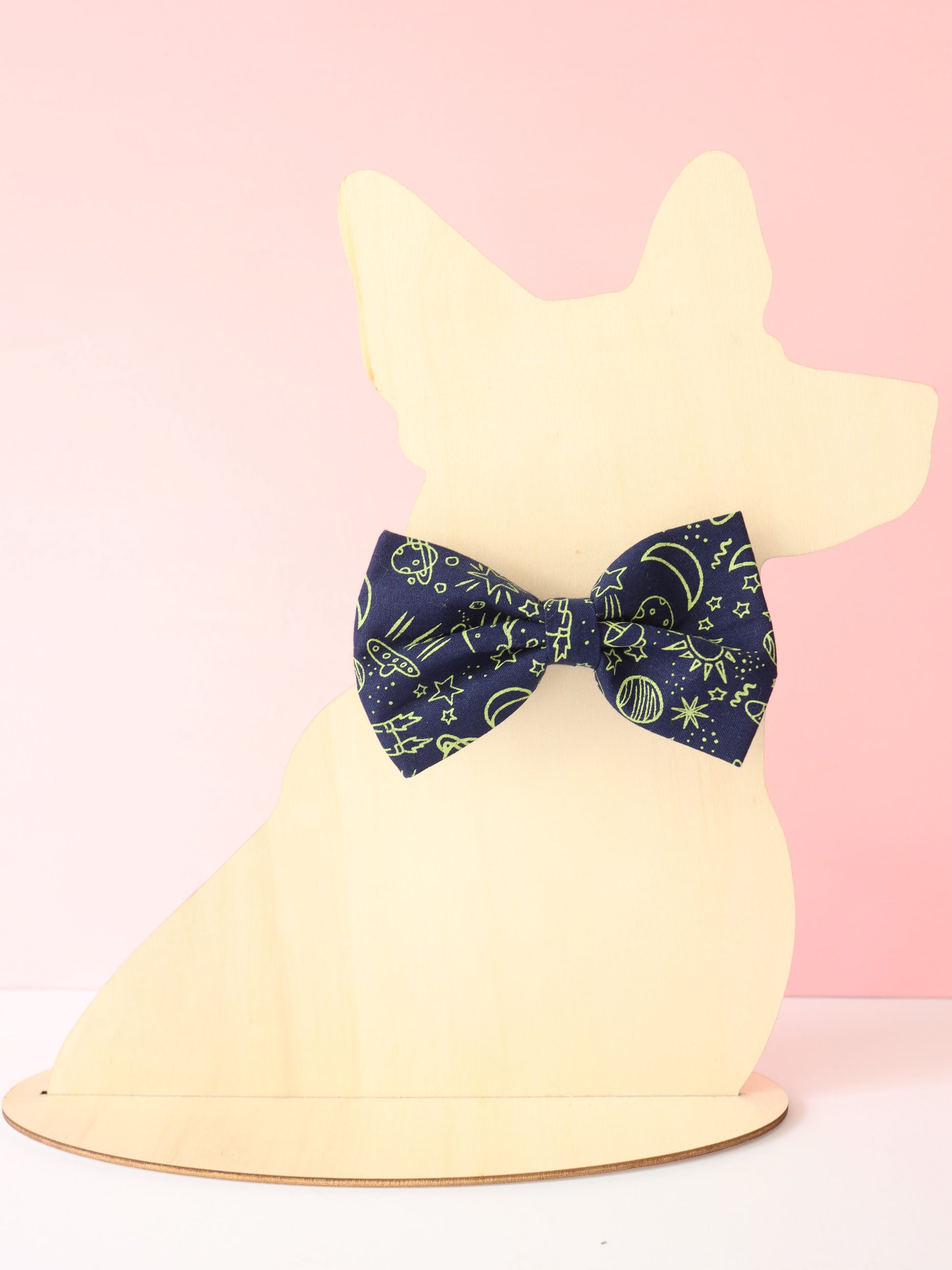 Dog model dressed with a blue and green patterned bow tie on a pink background