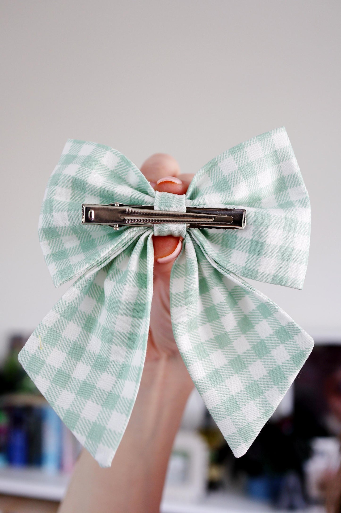 Sage Green Gingham Hair Bow