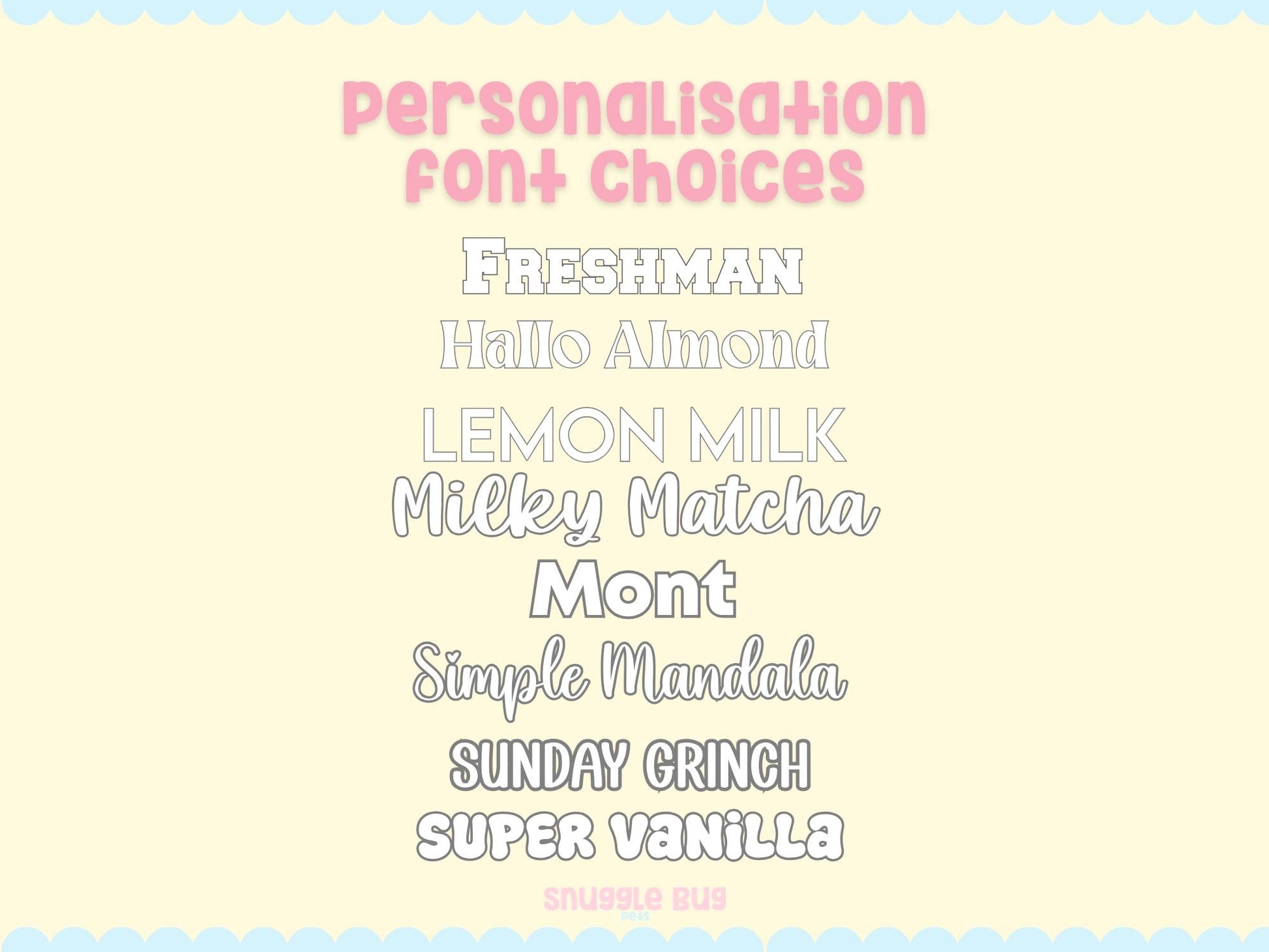 List of personalization font choices on a light yellow background with a blue border.