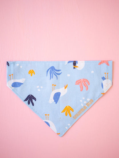 Colorful bandana with cartoon seagull designs on a pink background