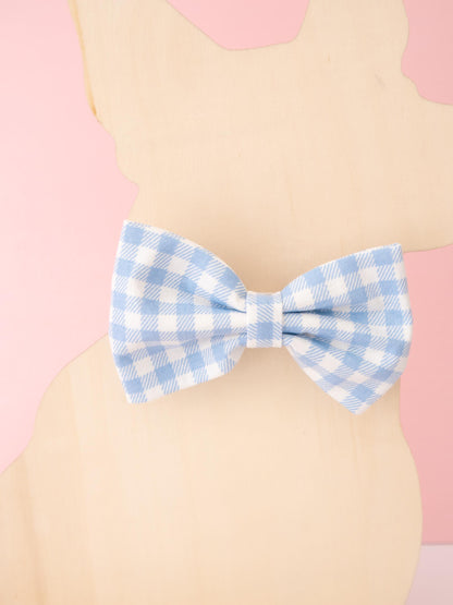 Blue and white checkered bow tie on a beige and pink background
