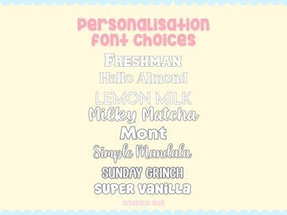 List of personalization font choices on a light yellow background with a blue border.