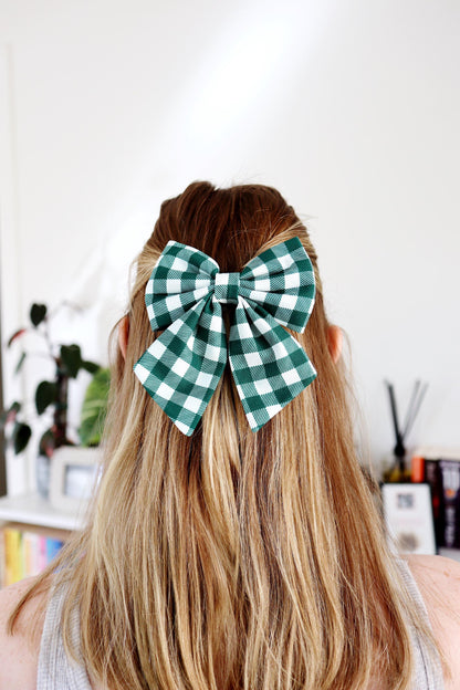 Green Gingham Hair Bow