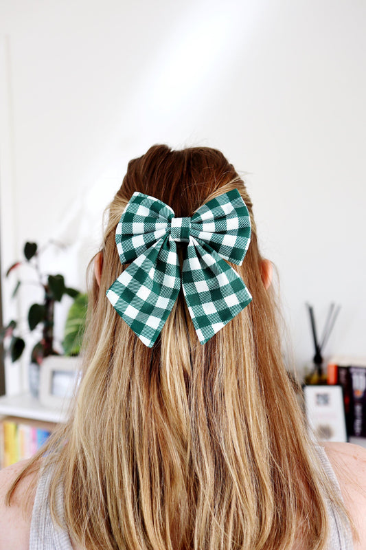 Green Gingham Hair Bow