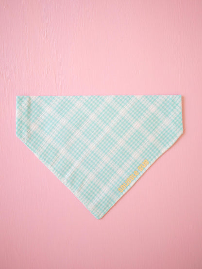 Teal checkered bandana with 'Snuggle bug' text on a pink background