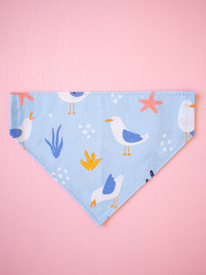 Dog bandana with seagull design on a pink background